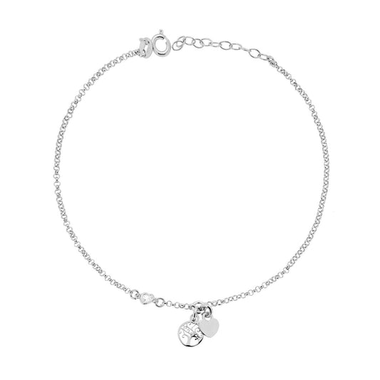 Cavigliera Catena Rolo Diamantata con Albero della Vita Cuore e Zircone a Cuore Bianco in ARGENTO 925 Galvanica Rodio