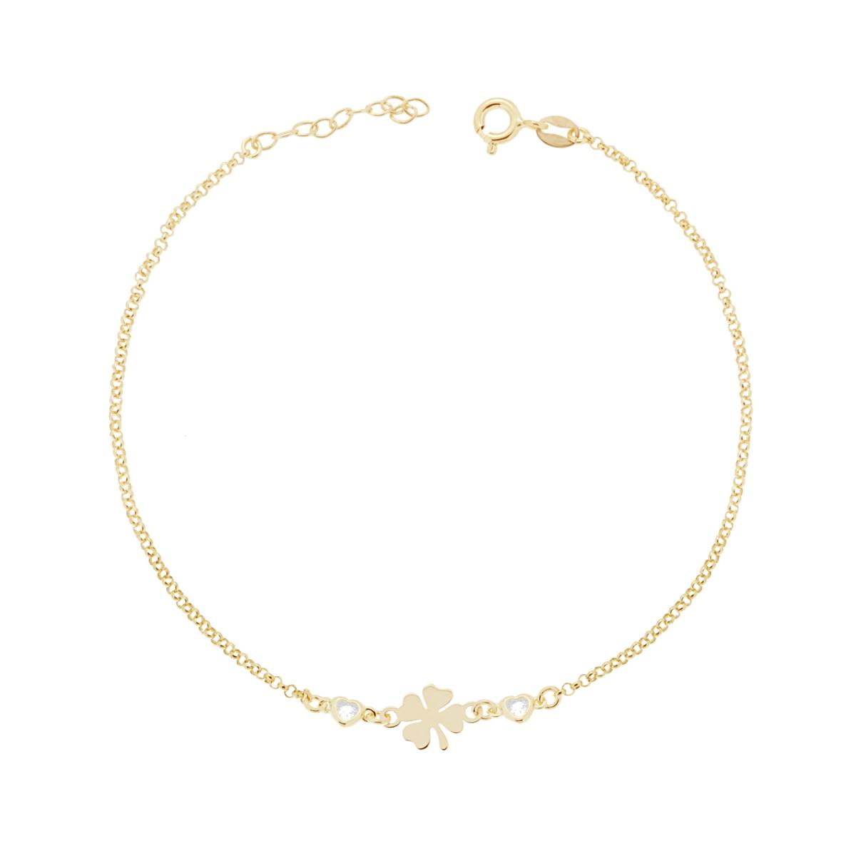 Cavigliera Catena Rolo Diamantata con Quadrifoglio e Zirconi a Cuore Bianco in ARGENTO 925 Galvanica Oro