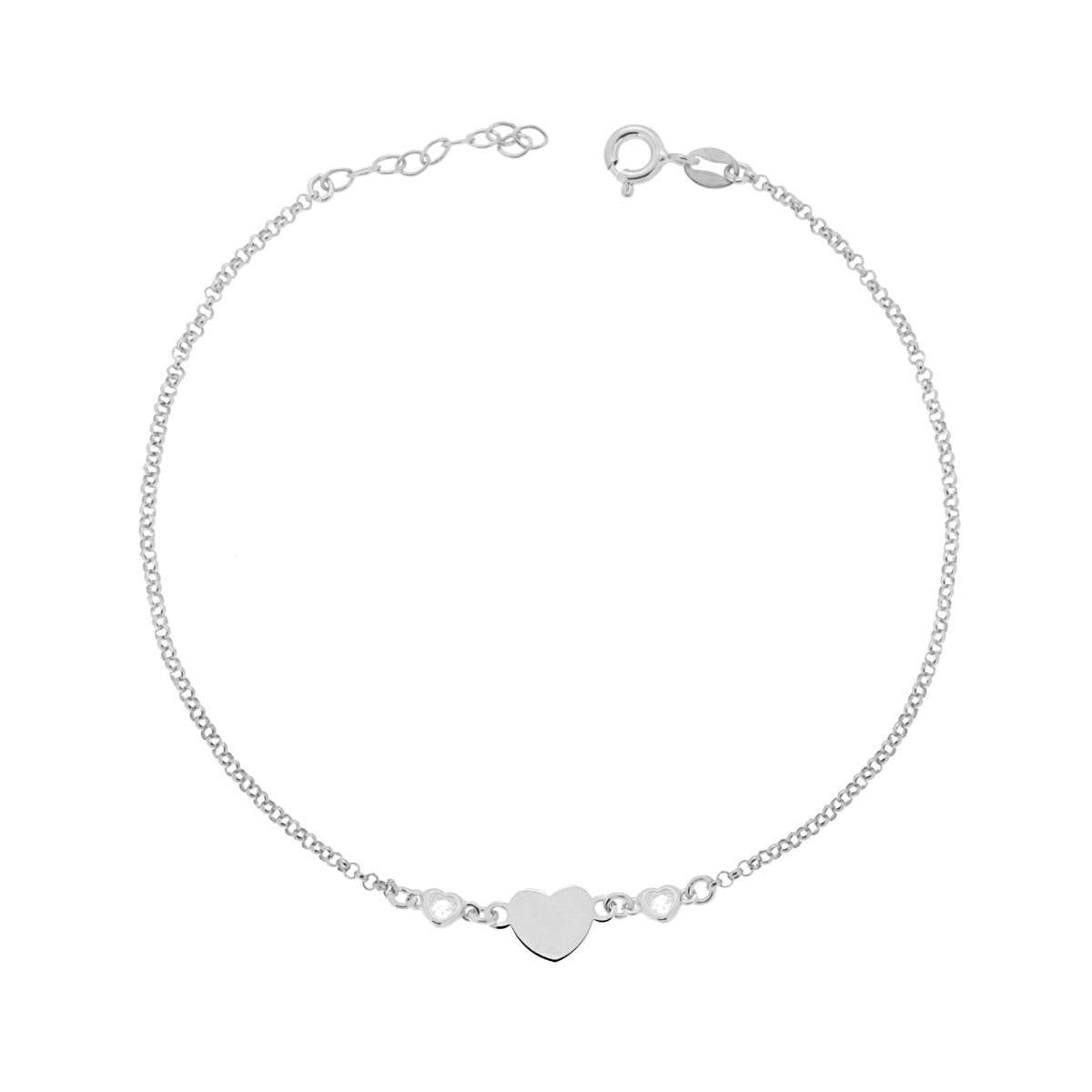 Cavigliera Catena Rolo Diamantata con Cuore e Zirconi a Cuore Bianco in ARGENTO 925 Galvanica Rodio