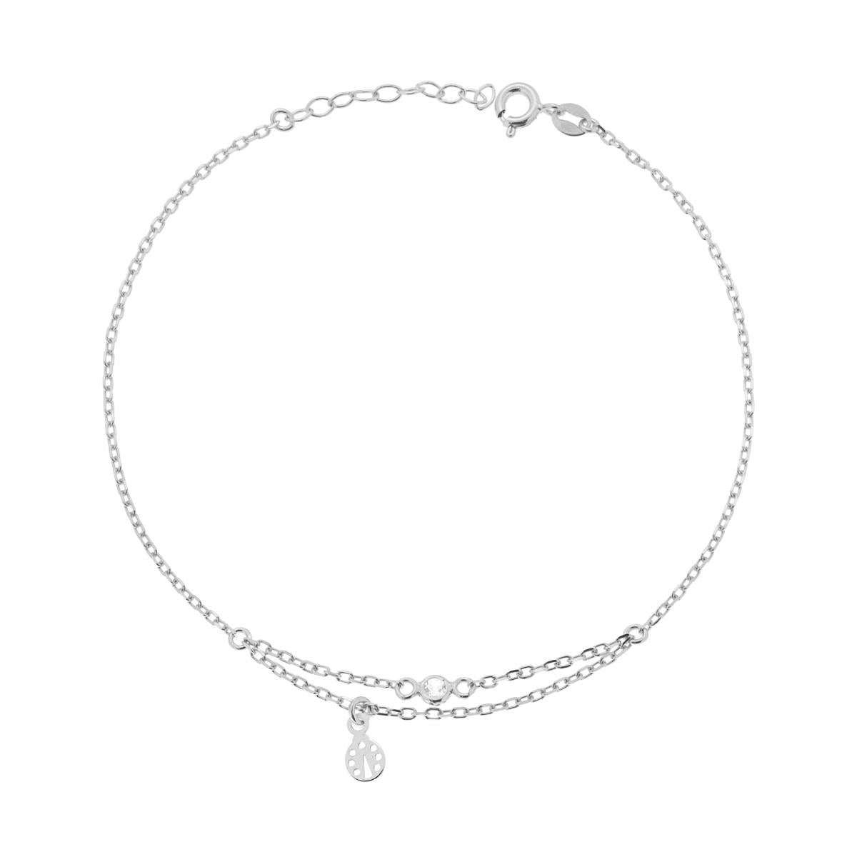 Cavigliera Catena Forzatina Diamantata con Coccinella pendente e Zircone Bianco in ARGENTO 925 Galvanica Rodio