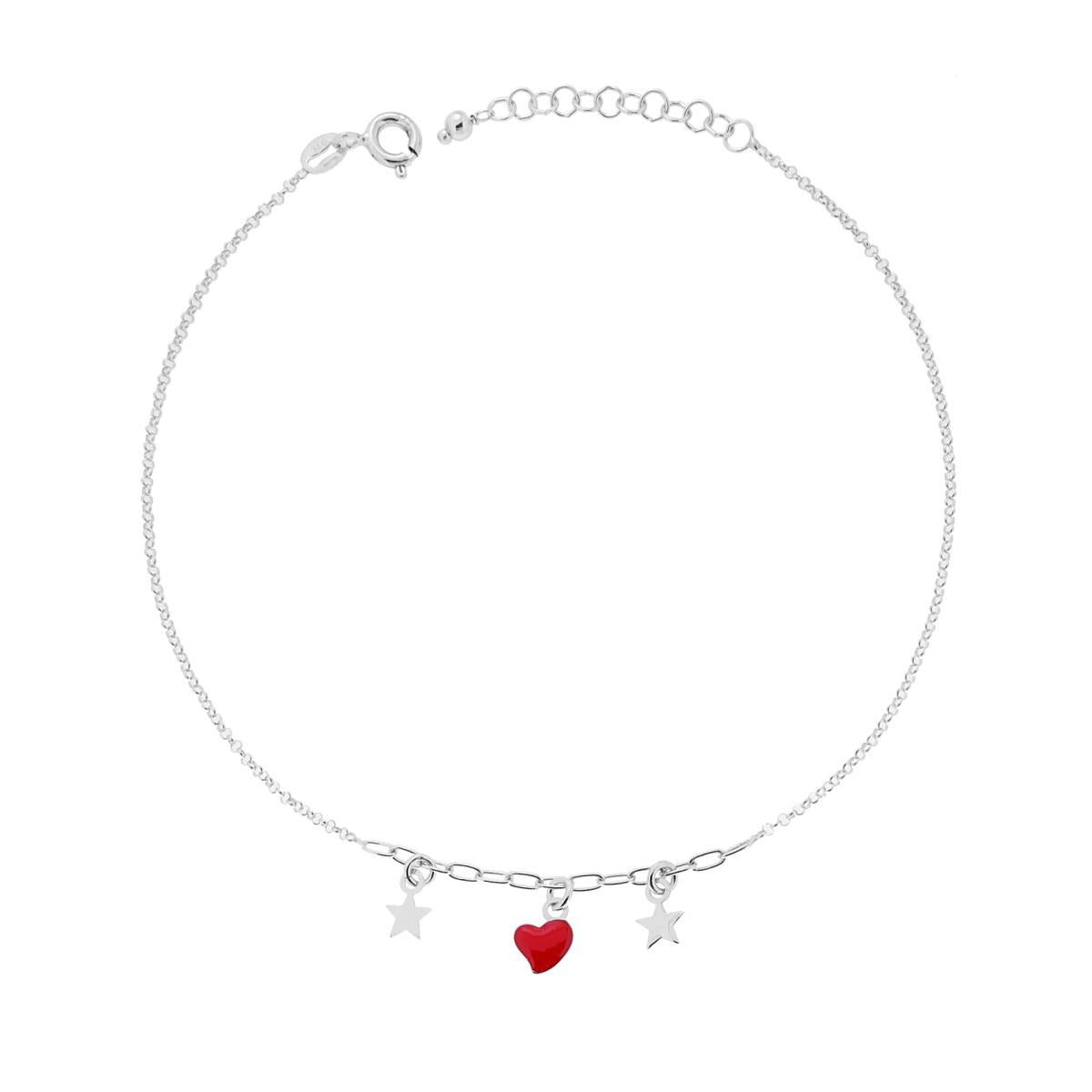 Cavigliera Catena Rolo Diamantata con Cuore smalto Rosso e Stelle plain pendenti in ARGENTO 925 Galvanica Rodio