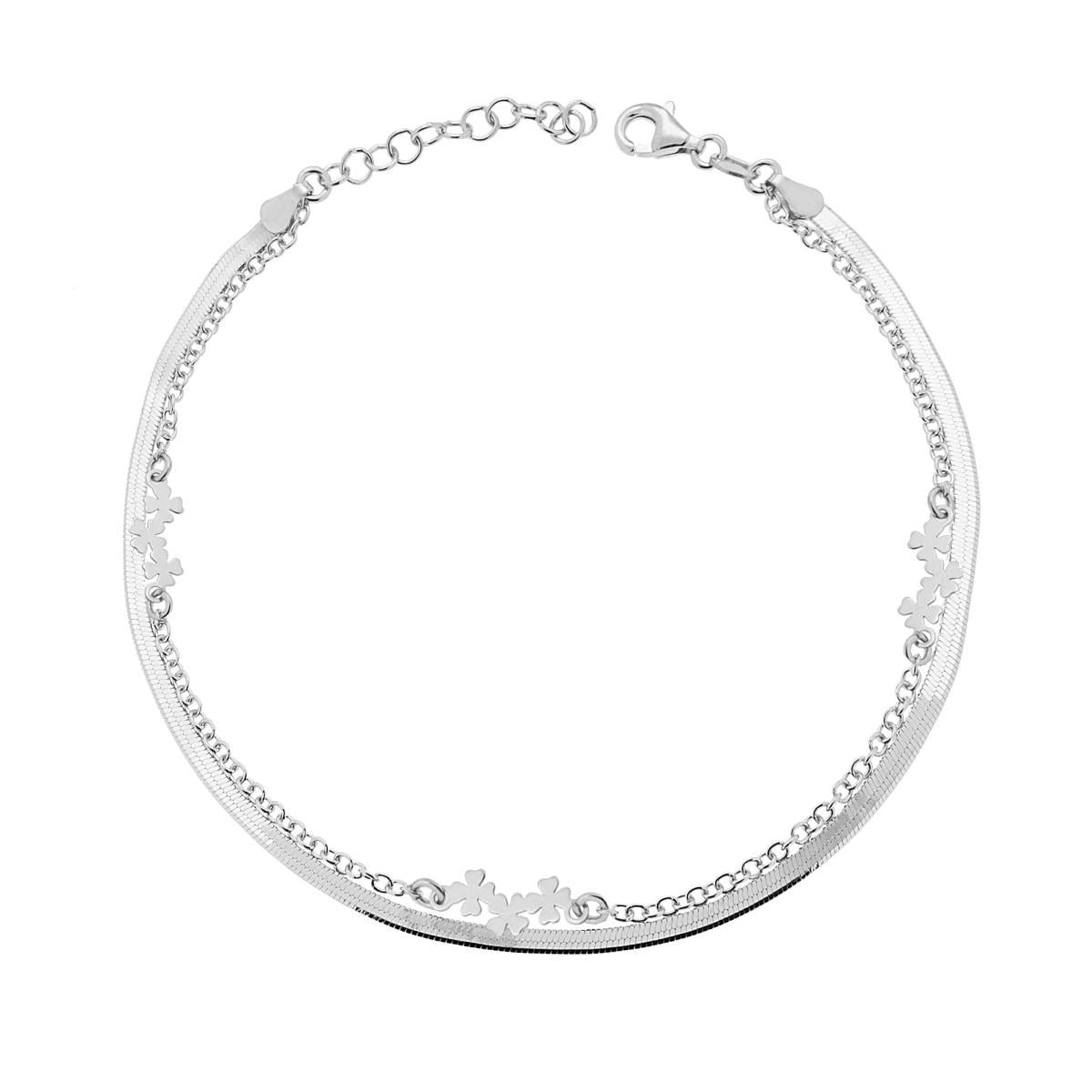 Cavigliera due fili Catena Forzatina e Magik con Quadrifogli in ARGENTO 925 Galvanica Rodio