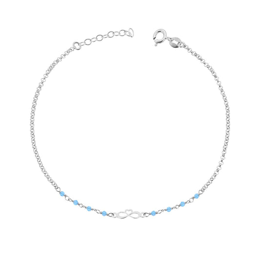 Cavigliera Catena Rolo Diamantata con Infinito Cuore e Crystal Azzurro in ARGENTO 925 Galvanica Rodio