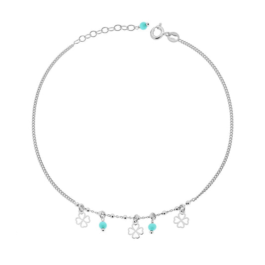 Cavigliera Catena Grumetta Diamantata con Quadrifogli e Perline Verde Acqua pendenti in ARGENTO 925 Galvanica Rodio