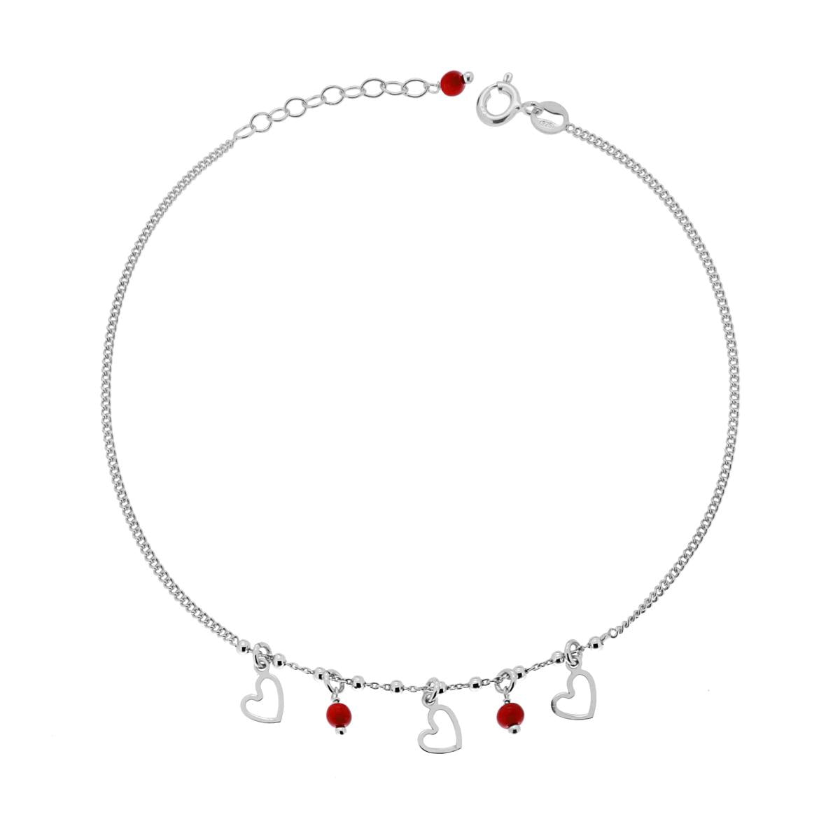 Cavigliera Catena Grumetta Diamantata con Cuori e Perline Rosse pendenti in ARGENTO 925 Galvanica Rodio