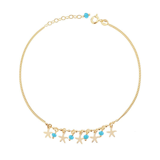 Cavigliera Catena Grumetta Diamantata con Stelle Marine plain e Crystal Azzurri pendenti in ARGENTO 925 Galvanica Oro