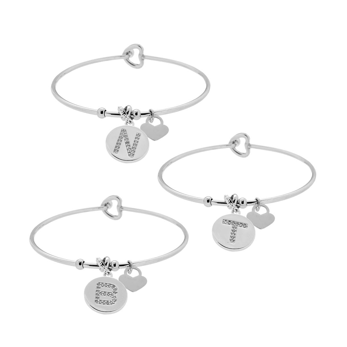 Bracciale Rigido Lettera Iniziale con Crystal Bianchi e Cuore Pendente in ACCIAIO