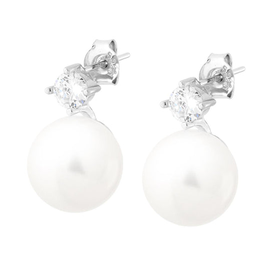 Orecchini Punto Luce Zircone Bianco con Perla mm 12 in ARGENTO 925 Galvanica Rodio
