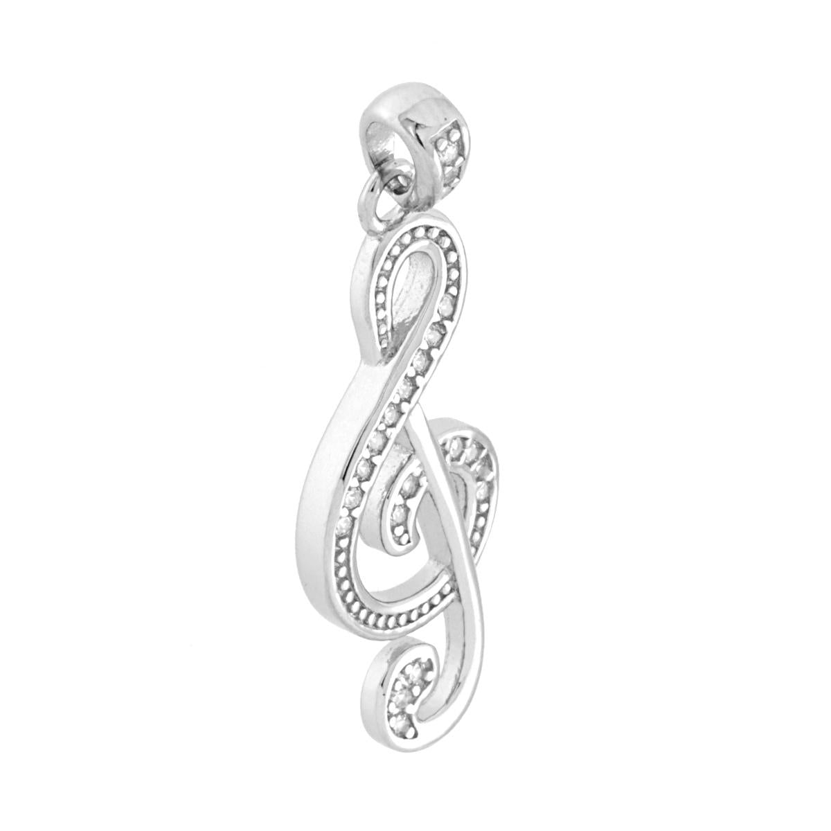 Ciondolo Chiave di Violino con Zirconi Bianchi in ARGENTO 925 Galvanica Rodio