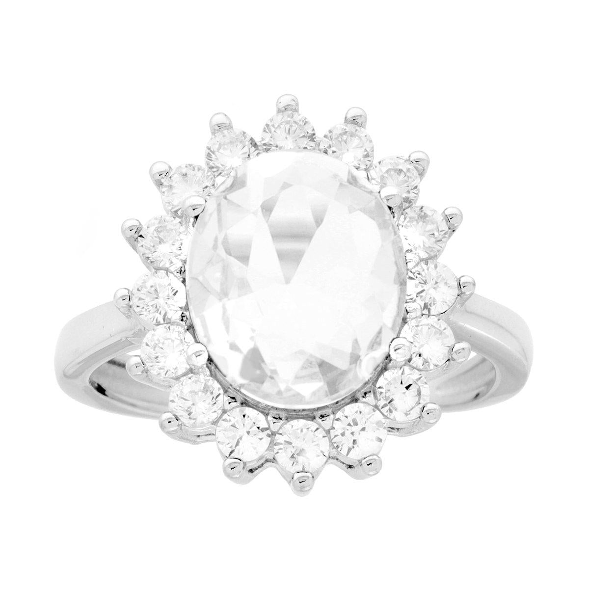 Anello Halo Solitario Ovale Bianco contornato da Zirconi Bianchi in ARGENTO 925 Galvanica Rodio