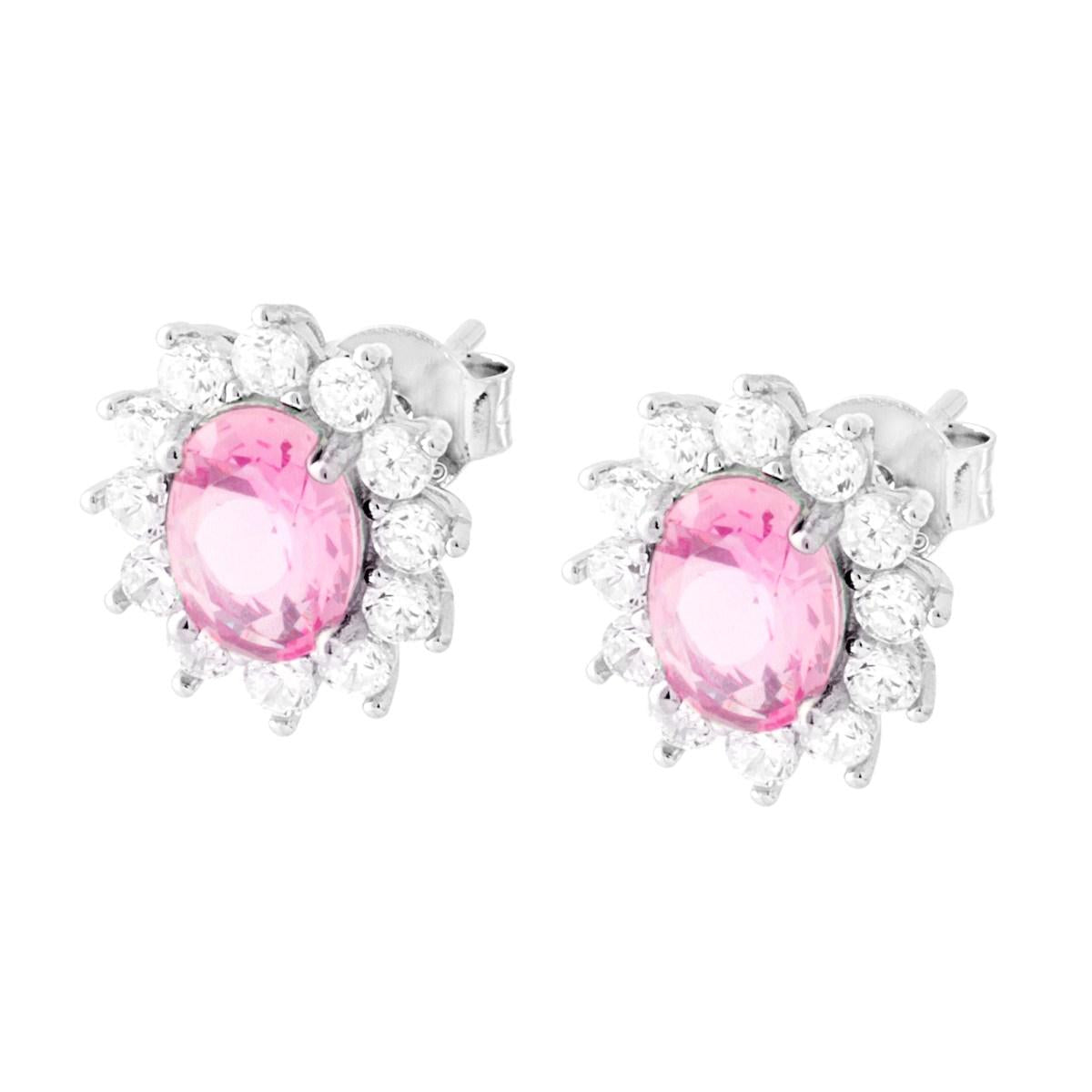 Orecchini Ovale Zircone Rosa contornato da Zirconi Bianchi in ARGENTO 925 Galvanica Rodio
