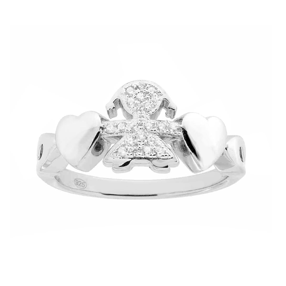 Anello Famiglia con Cuori e figlia Bimba Cubic Zirconia Bianchi in ARGENTO 925 Galvanica Rodio