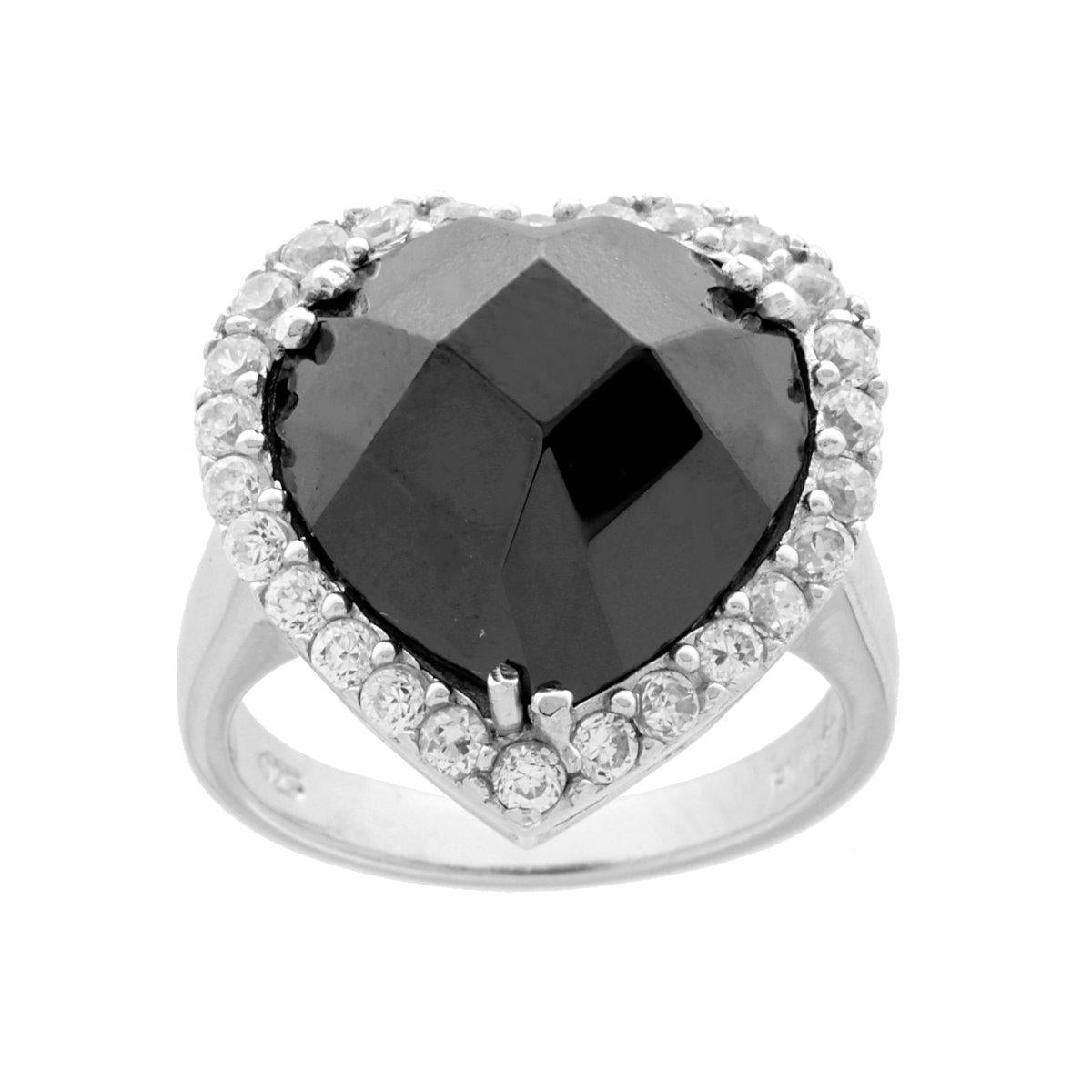 Anello Halo Solitario Cuore Nero contornato con Cubic Zirconia Bianchi in ARGENTO 925 Galvanica Rodio