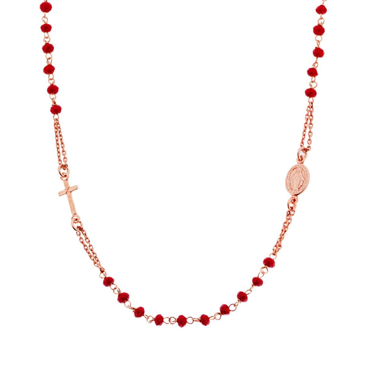 Collana Rosario modello Girocollo cm 50 con Grani mm 3.5 Crystal Rosso in ARGENTO 925 Galvanica Rosa