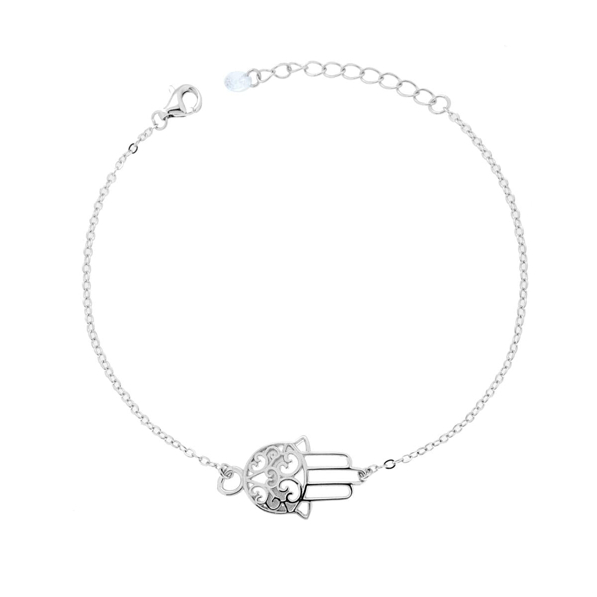 Bracciale Catena Forzatina Diamantata con Mano di Fatima e Cubic Zirconia Bianco in ARGENTO 925 Galvanica Rodio