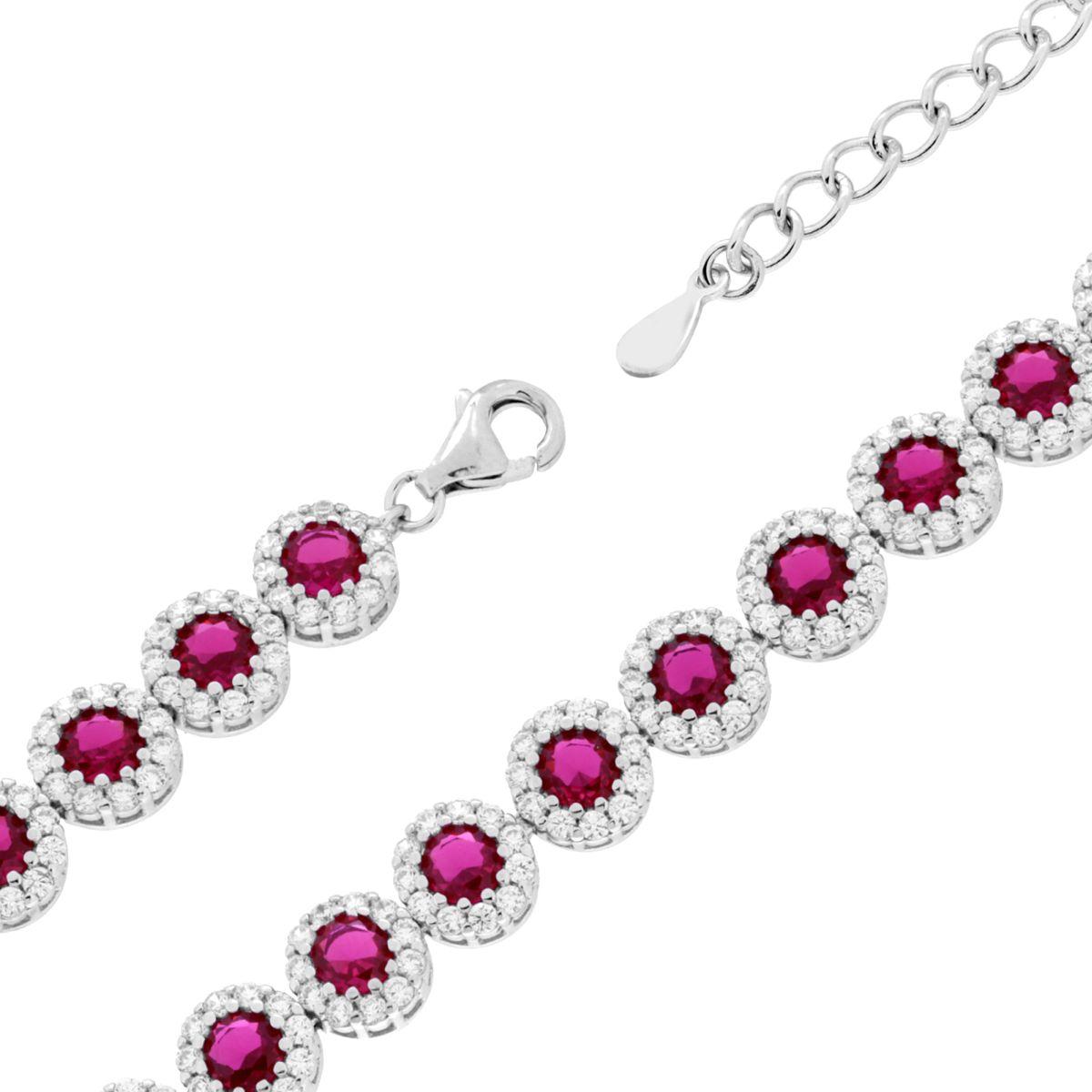 Bracciale Tennis Griffe cm 18+3 Fiore con Cubic Zirconia Rosso Rubino contornato da Cubic Zirconia Bianchi in ARGENTO 925 Galvanica Rodio