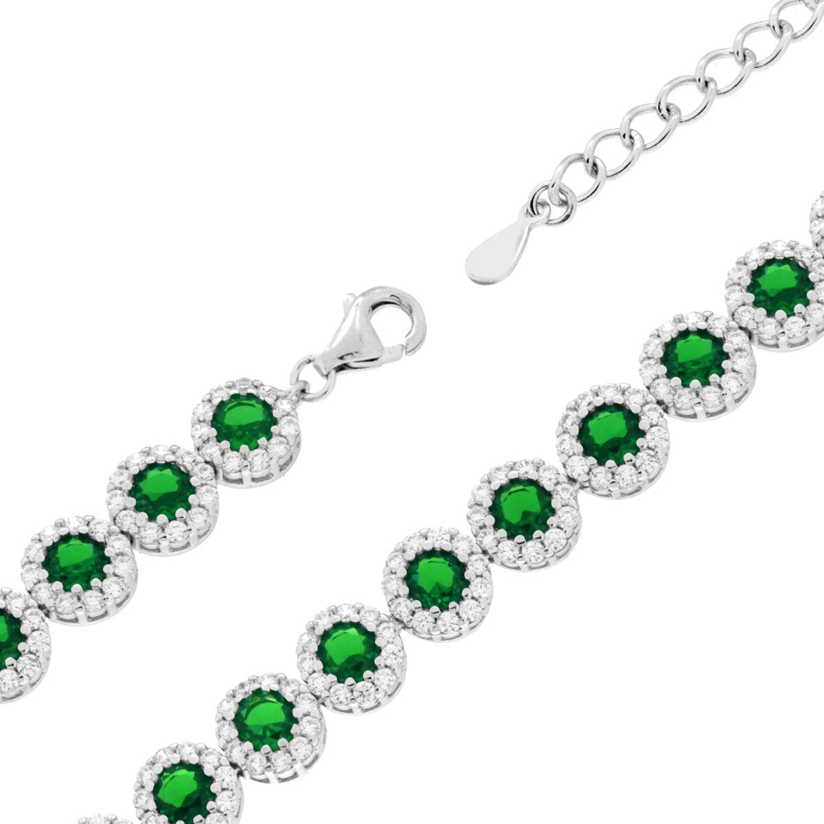Bracciale Tennis Griffe cm 18+3 Fiore con Cubic Zirconia Verde Smeraldo contornato da Cubic Zirconia Bianchi in ARGENTO 925 Galvanica Rodio