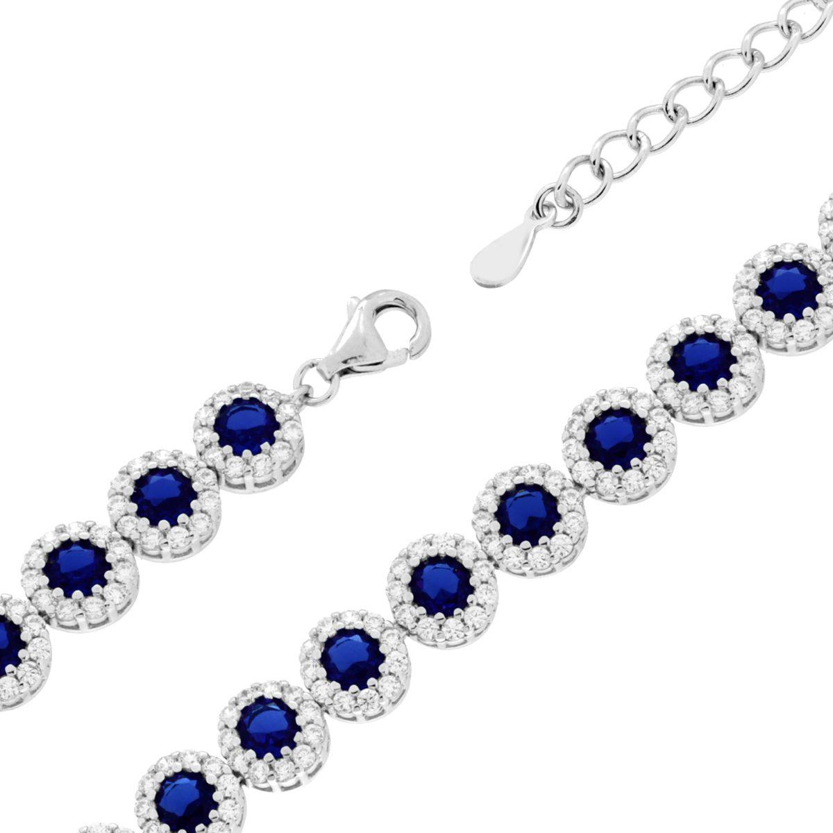 Bracciale Tennis Griffe cm 18+3 Fiore con Cubic Zirconia Blu Zaffiro contornato da Cubic Zirconia Bianchi in ARGENTO 925 Galvanica Rodio