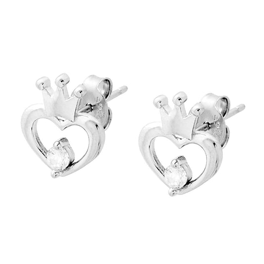 Orecchini Cuore con Corona e Cubic Zirconia Bianco in ARGENTO 925 Galvanica Rodio