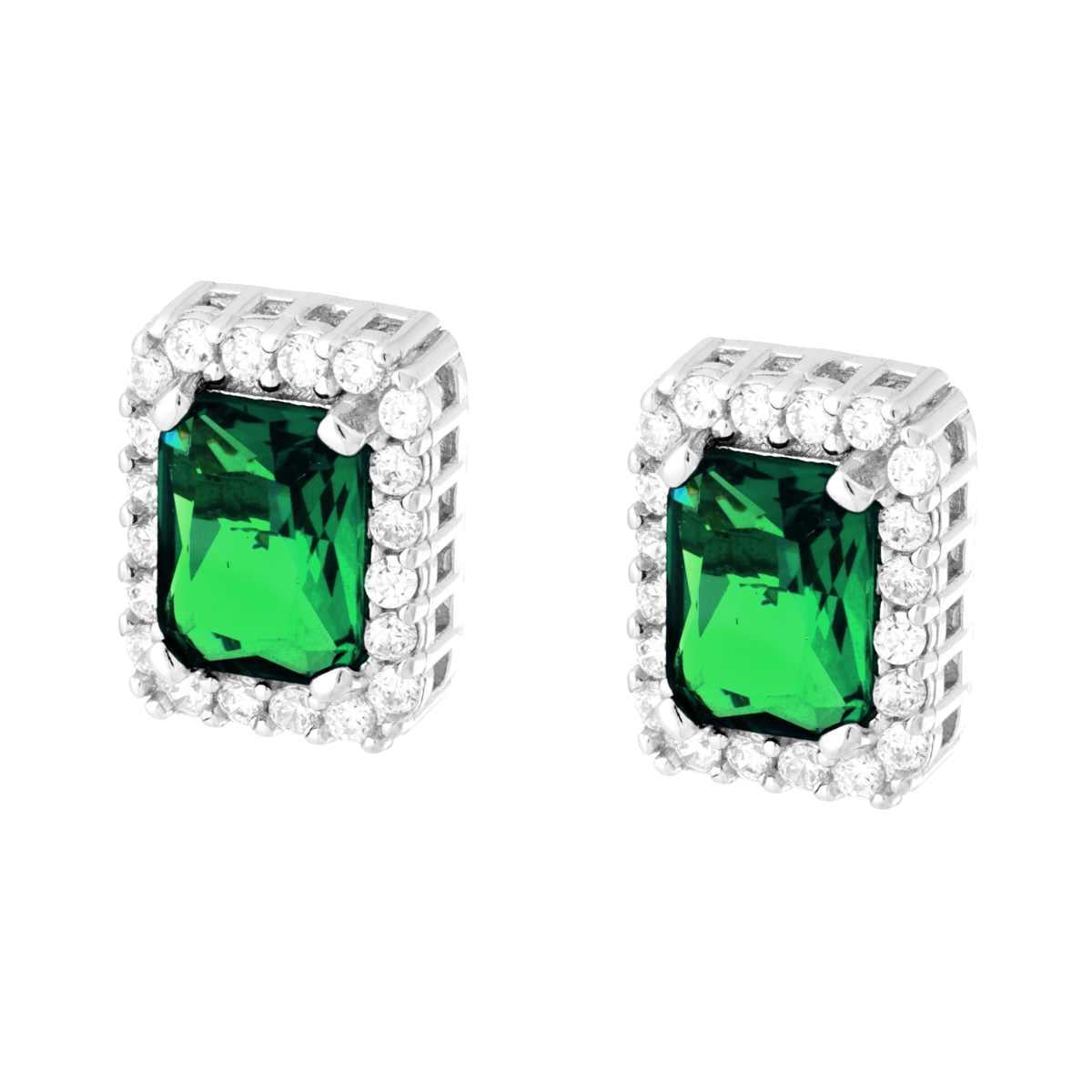 Orecchini Rettangolari con Cubic Zirconia Verde Smeraldo contornato da Cubic Zirconia Bianchi in ARGENTO 925 Galvanica Rodio