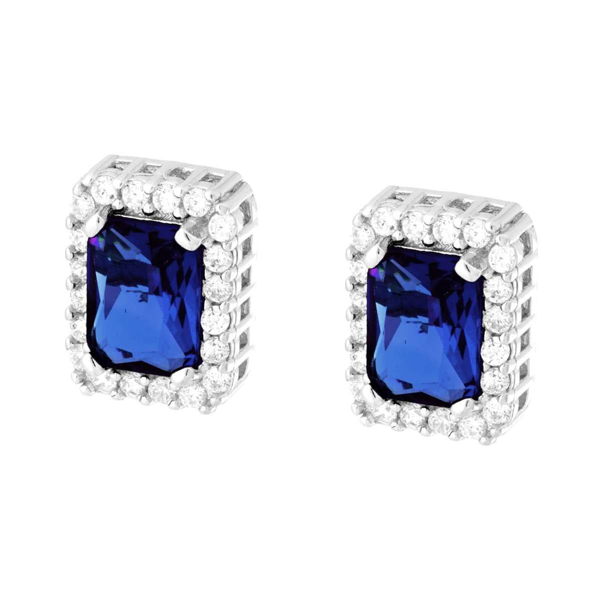 Orecchini Rettangolari con Cubic Zirconia Blu Zaffiro contornato da Cubic Zirconia Bianchi in ARGENTO 925 Galvanica Rodio