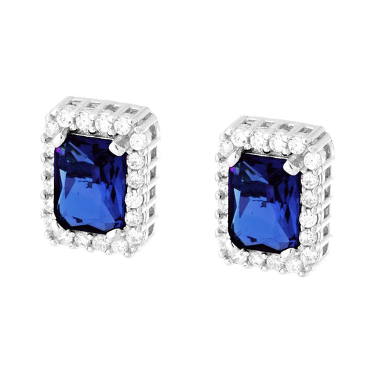 Orecchini Rettangolari con Cubic Zirconia Blu Zaffiro contornato da Cubic Zirconia Bianchi in ARGENTO 925 Galvanica Rodio