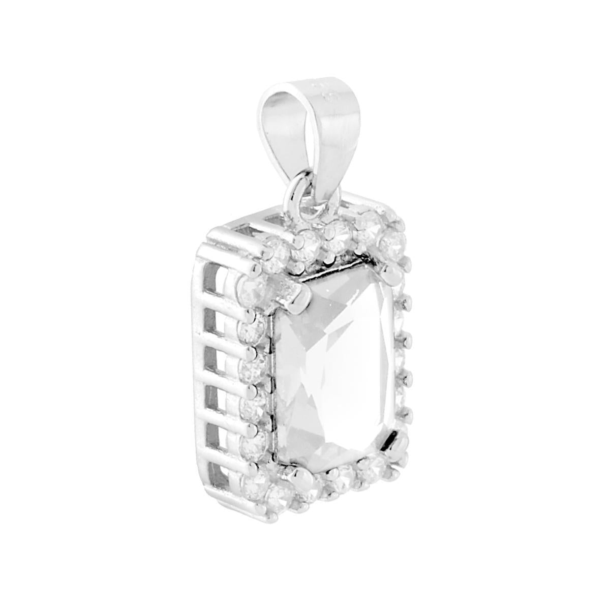 Ciondolo Rettangolare con Cubic Zirconia Bianco contornato da Cubic Zirconia Bianchi in ARGENTO 925 Galvanica Rodio