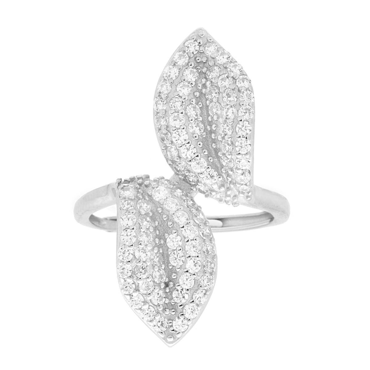 Anello Contrarie doppia Foglia con Cubic Zirconia Bianchi in ARGENTO 925 Galvanica Rodio