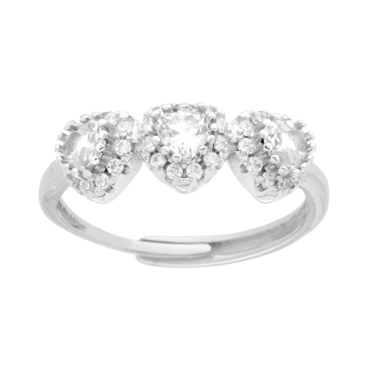 Anello Trilogy Cuori Zirconi Bianchi contornati da Zirconi Bianchi in ARGENTO 925 Galvanica Rodio