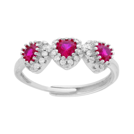 Anello Trilogy Cuori Zirconi Rosso Rubino contornati da Zirconi Bianchi in ARGENTO 925 Galvanica Rodio