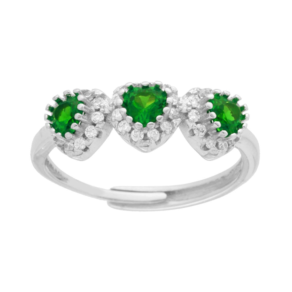 Anello Trilogy Cuori Zirconi Verde Smeraldo contornati da Zirconi Bianchi in ARGENTO 925 Galvanica Rodio
