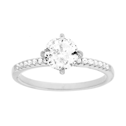 Anello Solitario con Cubic Zirconia Bianco mm 6 in ARGENTO 925 Galvanica Rodio<BR>