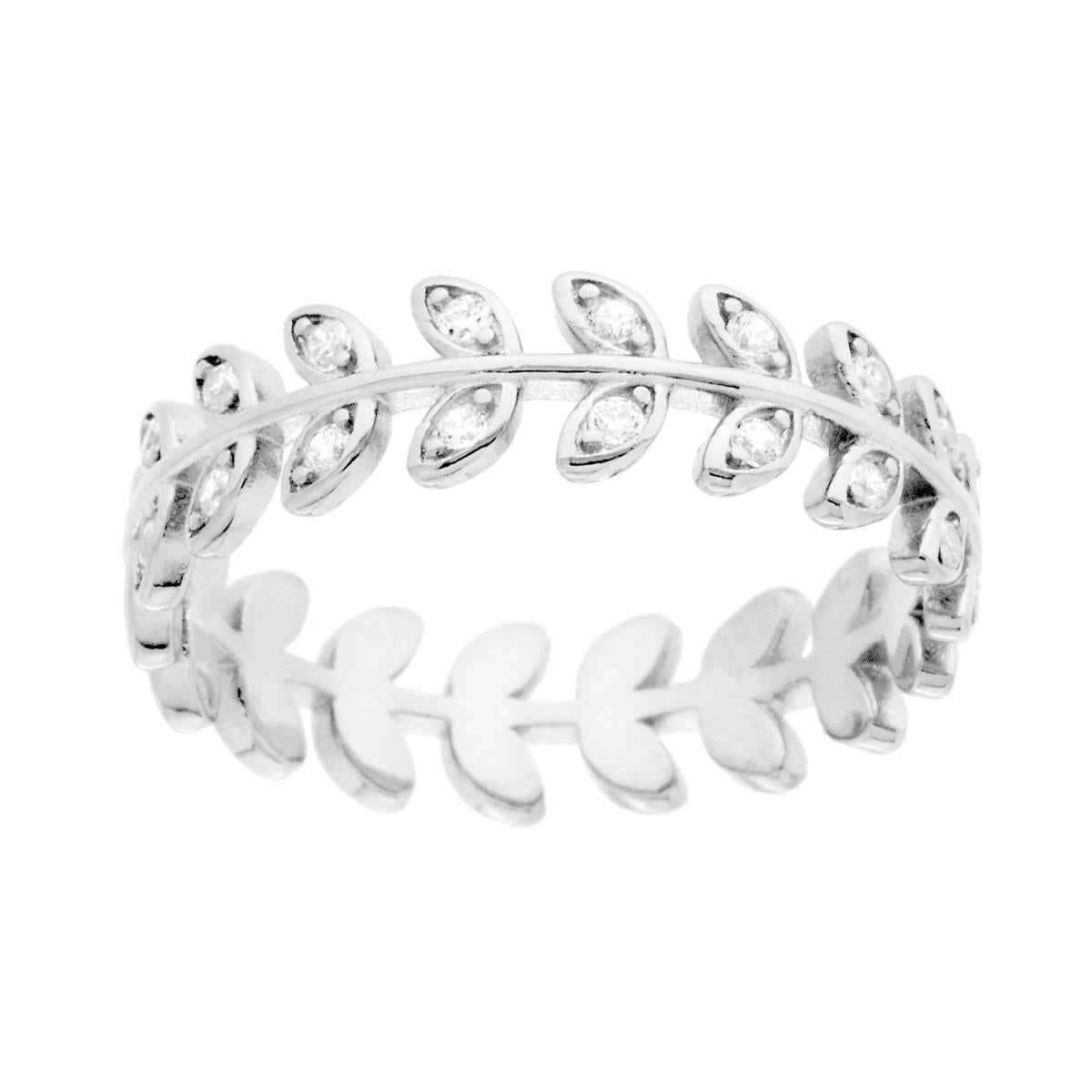 Anello Foglie modello Corona Alloro per Laurea con Cubic Zirconia Bianchi in ARGENTO 925 Galvanica Rodio