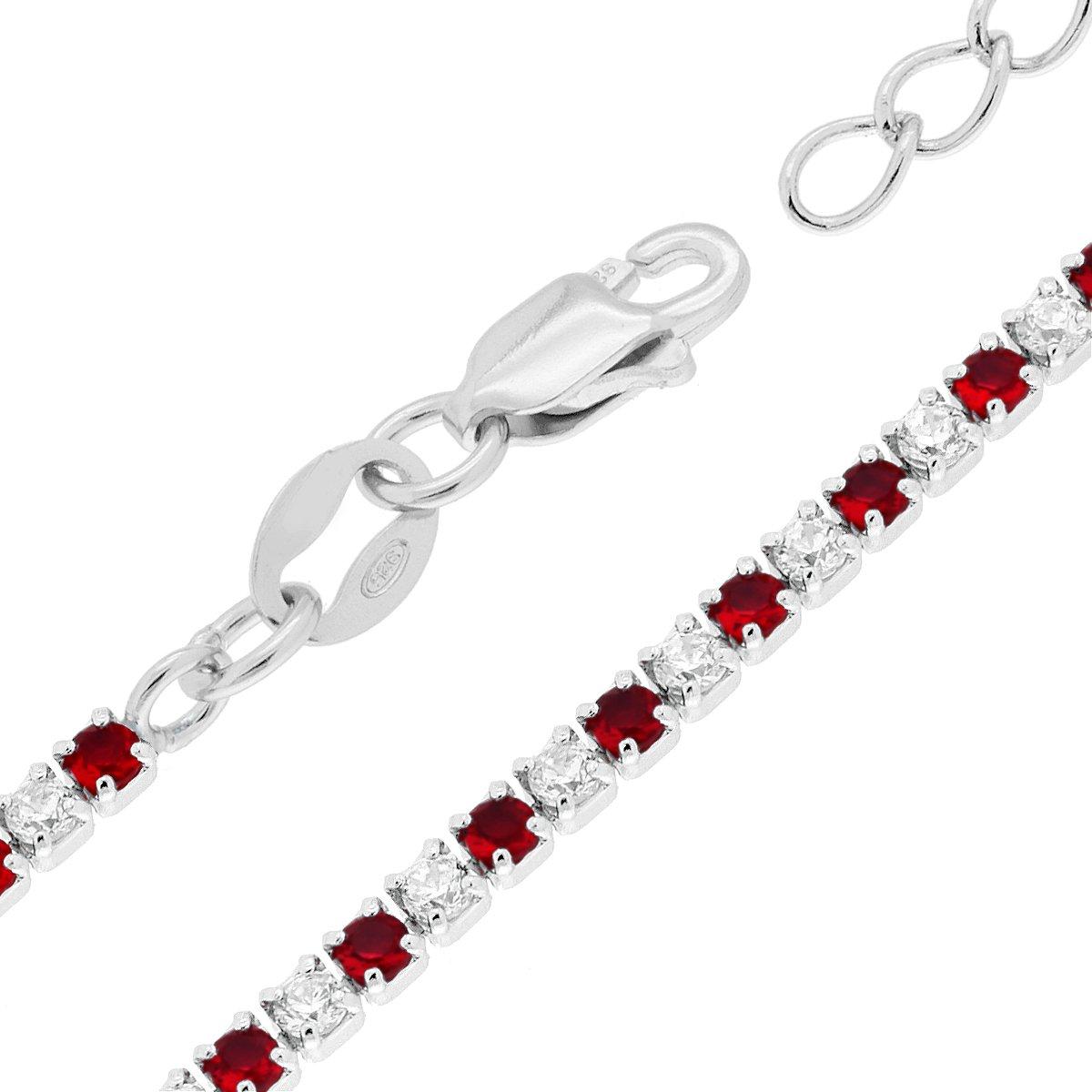 Bracciale Tennis Griffe cm 16+3 con Zirconi mm 1.7 alternati Bianchi e Rosso Rubino in ARGENTO 925 Galvanica Rodio