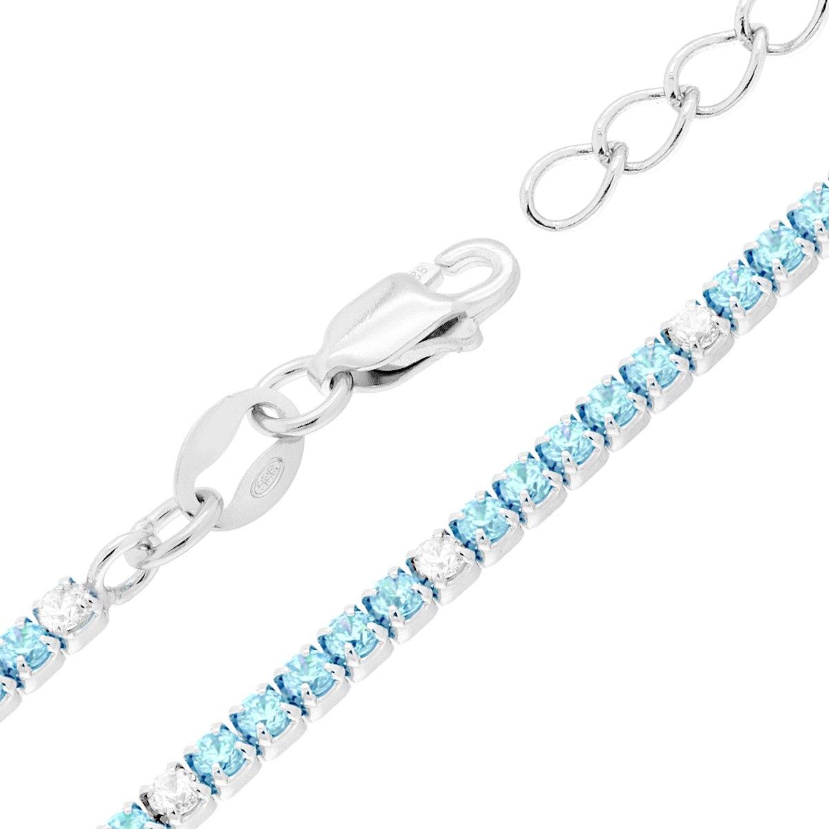 Bracciale Tennis Griffe cm 16+3 con Zirconi mm 1.7 alternati Bianchi e Acquamarina in ARGENTO 925 Galvanica Rodio