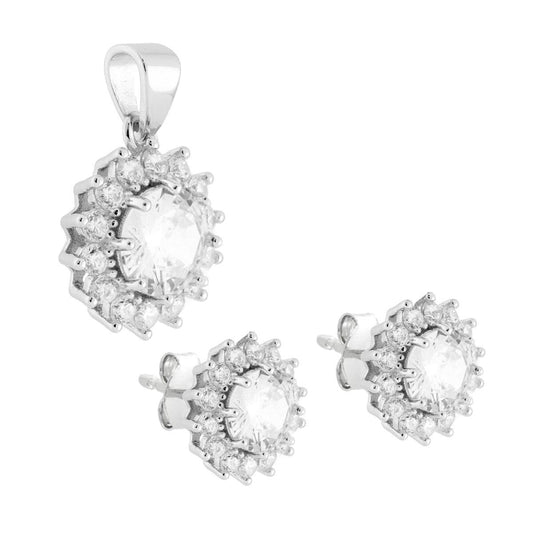 Parure Set Orecchini e Ciondolo Tondo Cubic Zirconia Bianco contornato da Cubic Zirconia Bianchi in ARGENTO 925 Galvanica Rodio