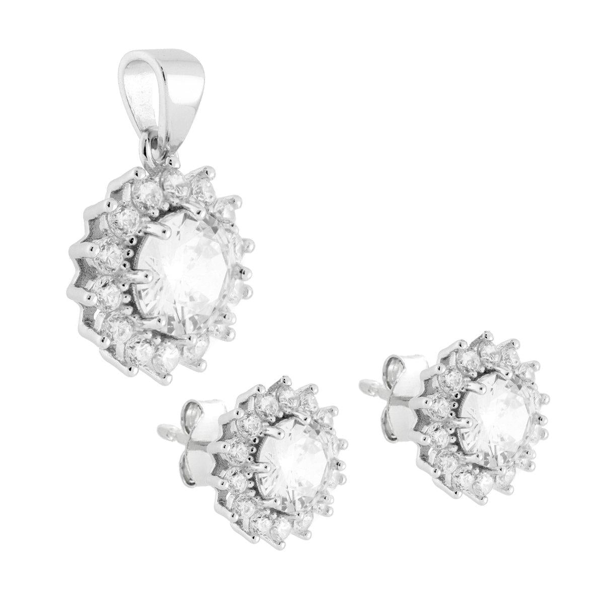 Parure Set Orecchini e Ciondolo Tondo Cubic Zirconia Bianco contornato da Cubic Zirconia Bianchi in ARGENTO 925 Galvanica Rodio