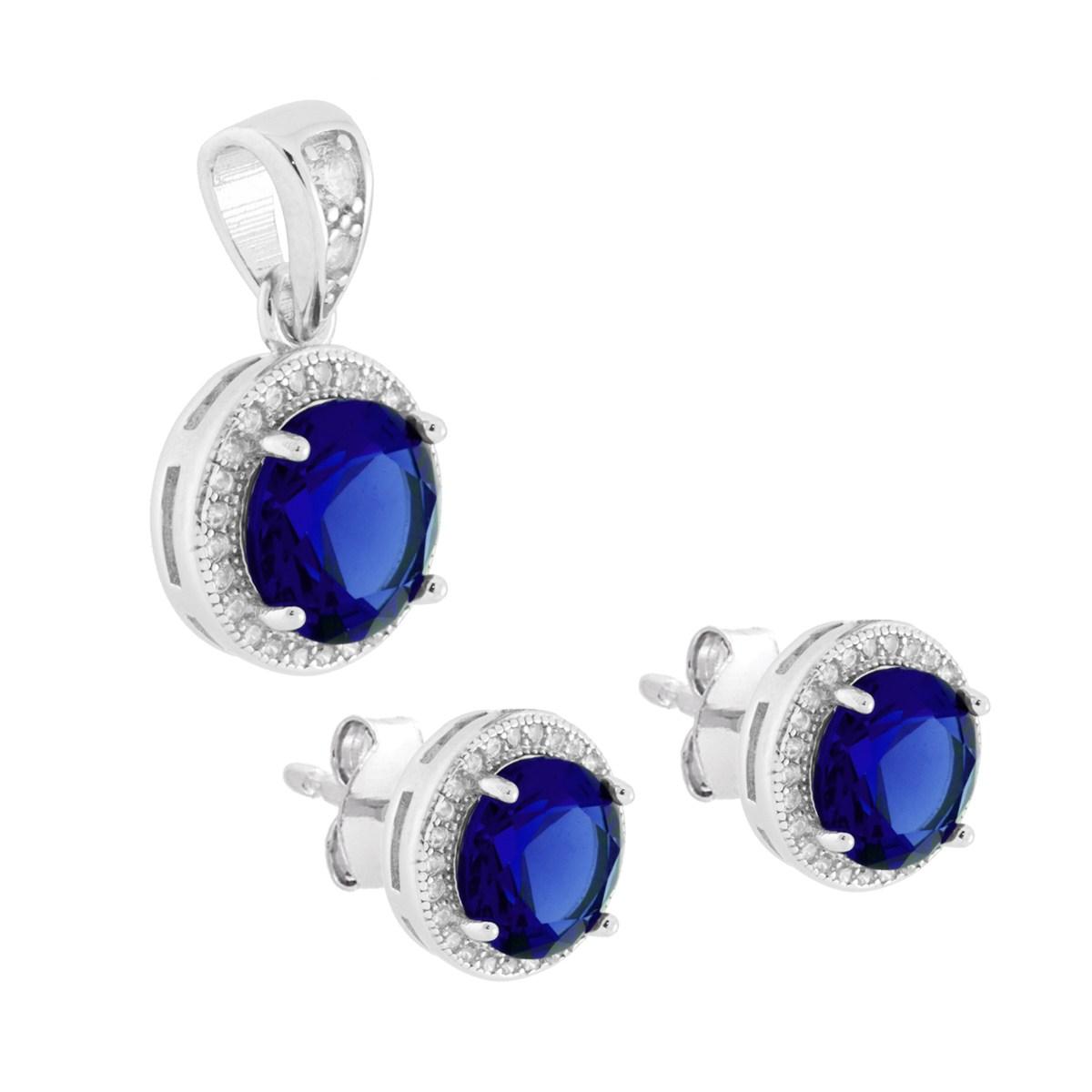 Parure Set Orecchini e Ciondolo Tondo Cubic Zirconia Blu Zaffiro contornato da Cubic Zirconia Bianchi in ARGENTO 925 Galvanica Rodio