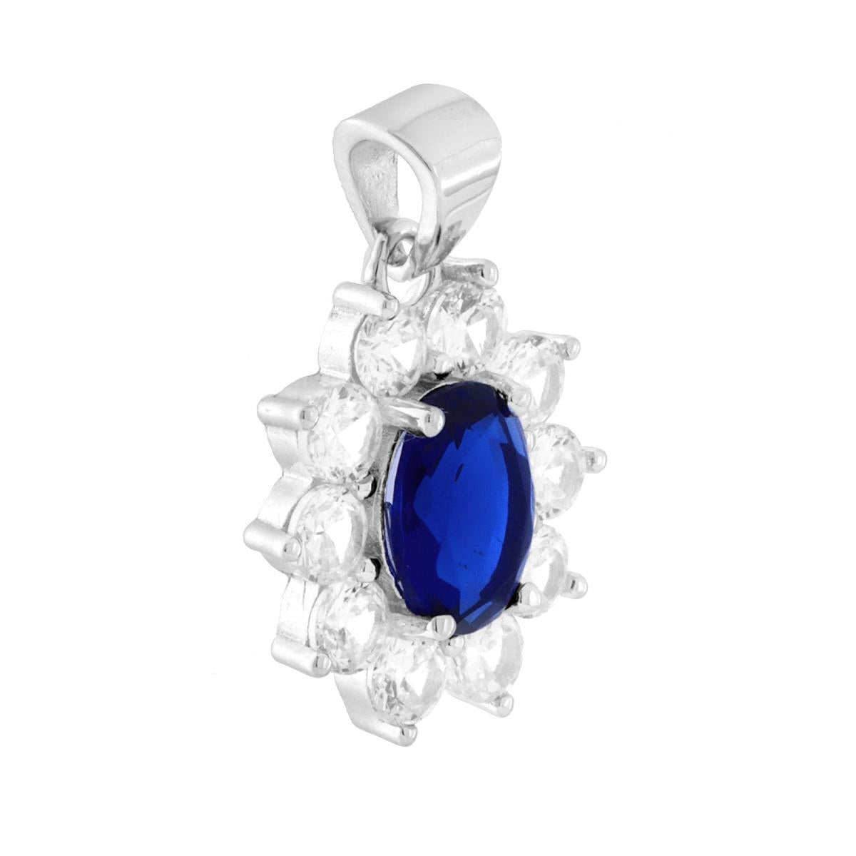 Ciondolo Ovale con Cubic Zirconia Blu Zaffiro contornato da Cubic Zirconia Bianchi in ARGENTO 925 Galvanica Rodio