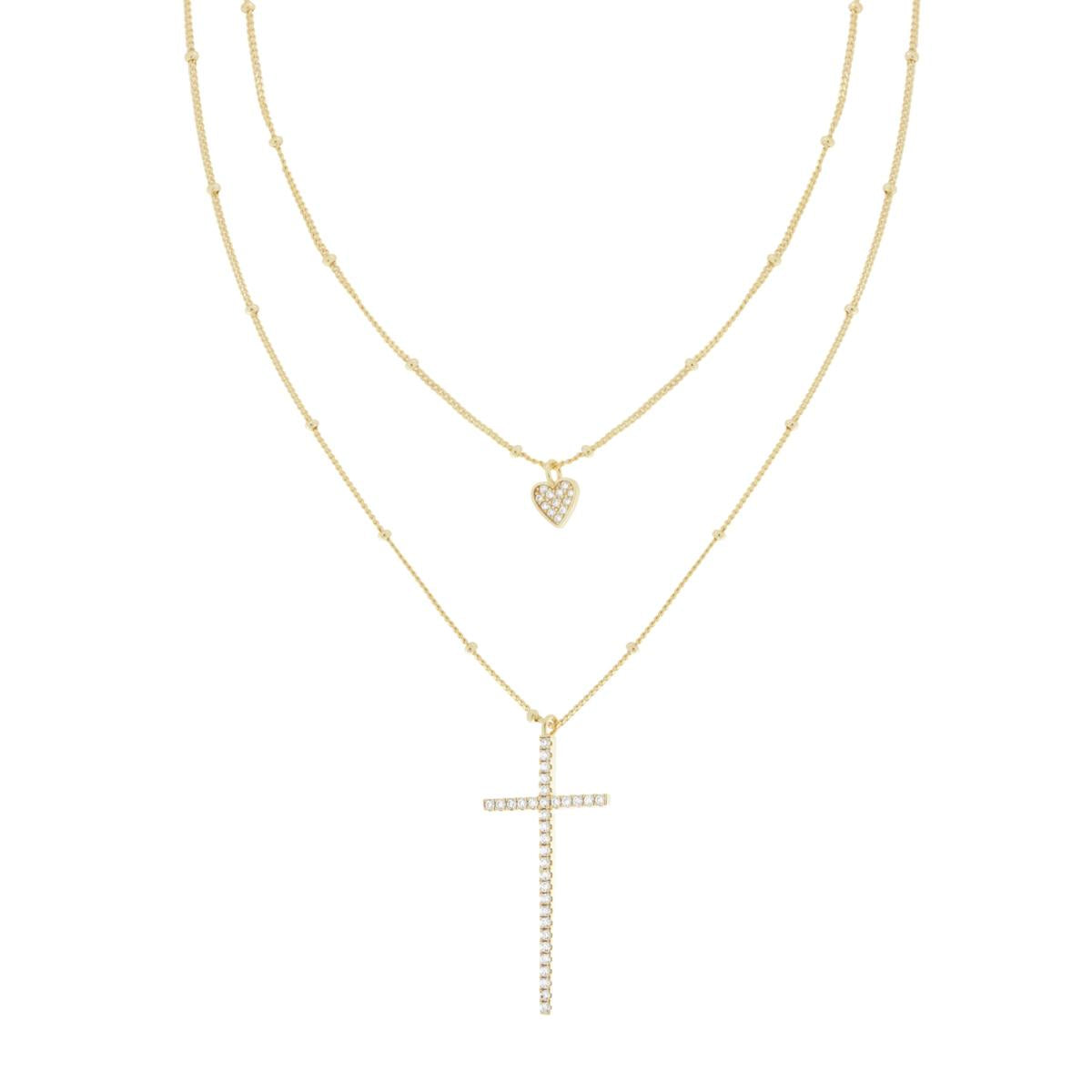 Collana due fili Catena Grumetta Diamantata con Cuore e Croce pendenti con Cubic Zirconia Bianchi in ARGENTO 925 Galvanica Oro