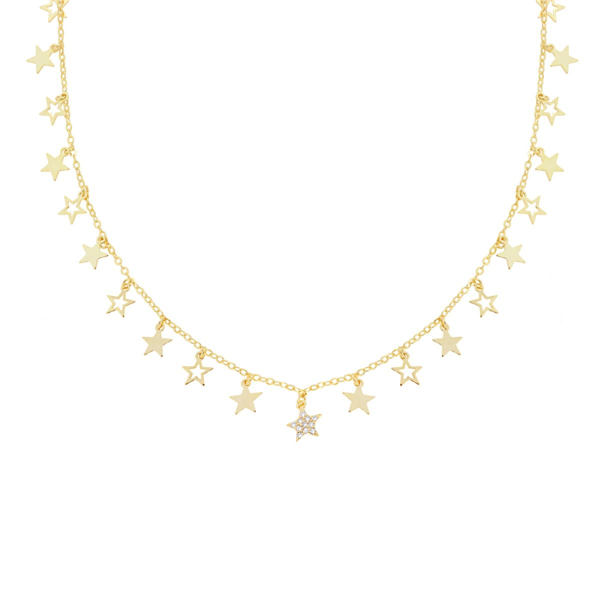 Collana Catena Forzatina Diamantata con Stelle pendenti plain e Cubic Zirconia Bianchi in ARGENTO 925 Galvanica Oro