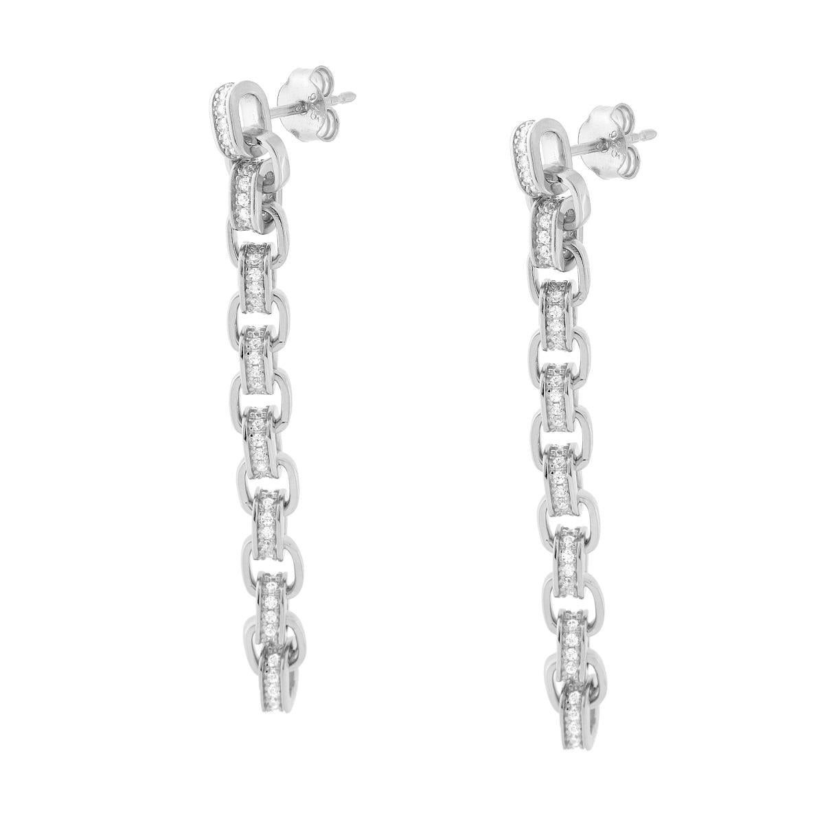 Orecchini Lunghi Catena Forzatina Rettangolare con Cubic Zirconia Bianchi in ARGENTO 925 Galvanica Rodio