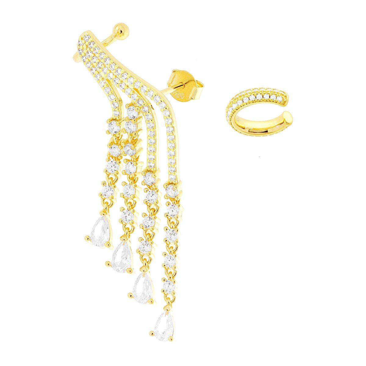 Orecchino Lungo Due Elementi Ear Cuff Destro Chandelier con Cubic Zirconia Bianchi in ARGENTO 925 Galvanica Oro