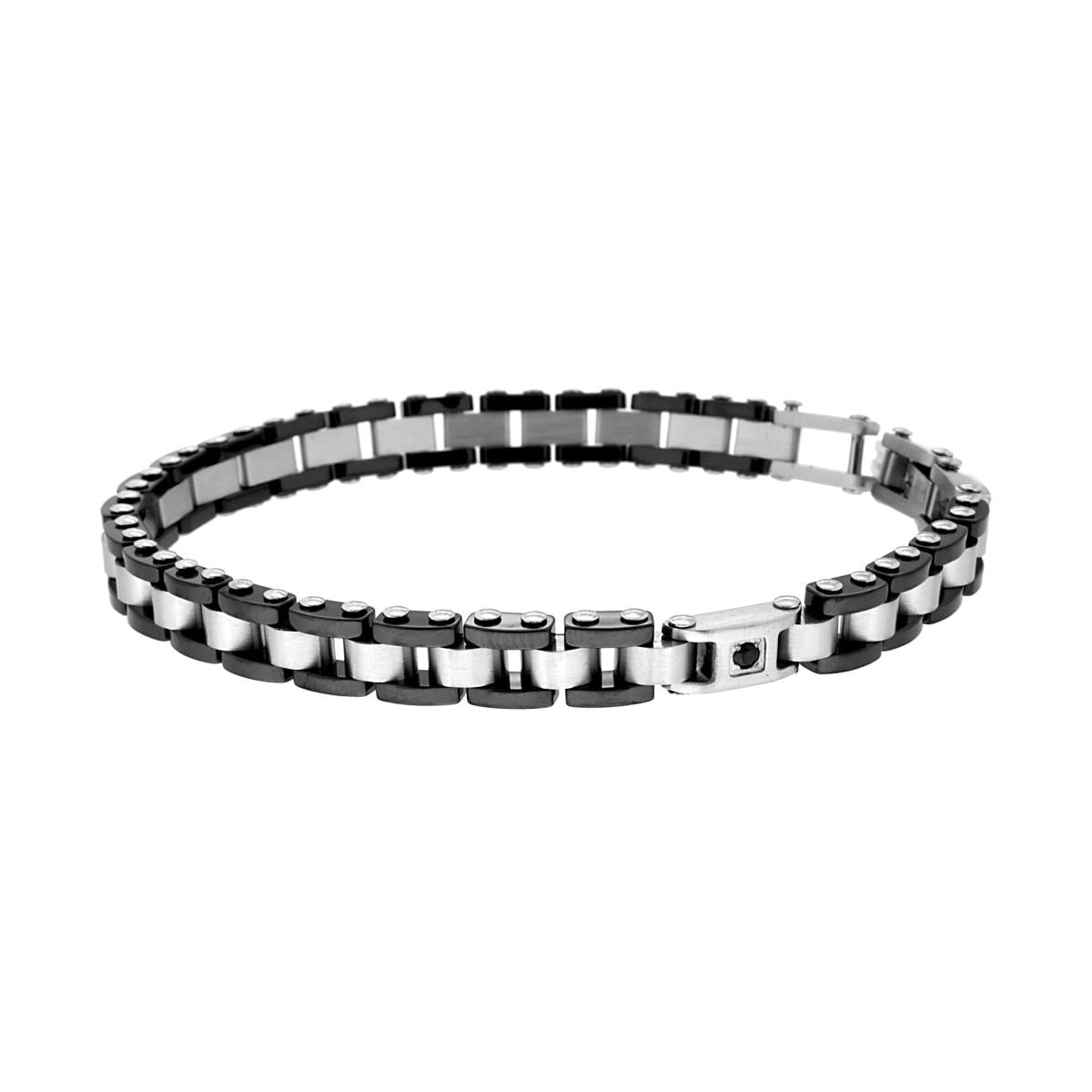 Bracciale Uomo Maglia Imperniata con Ceramica Nera e Crystal Nero in ACCIAIO