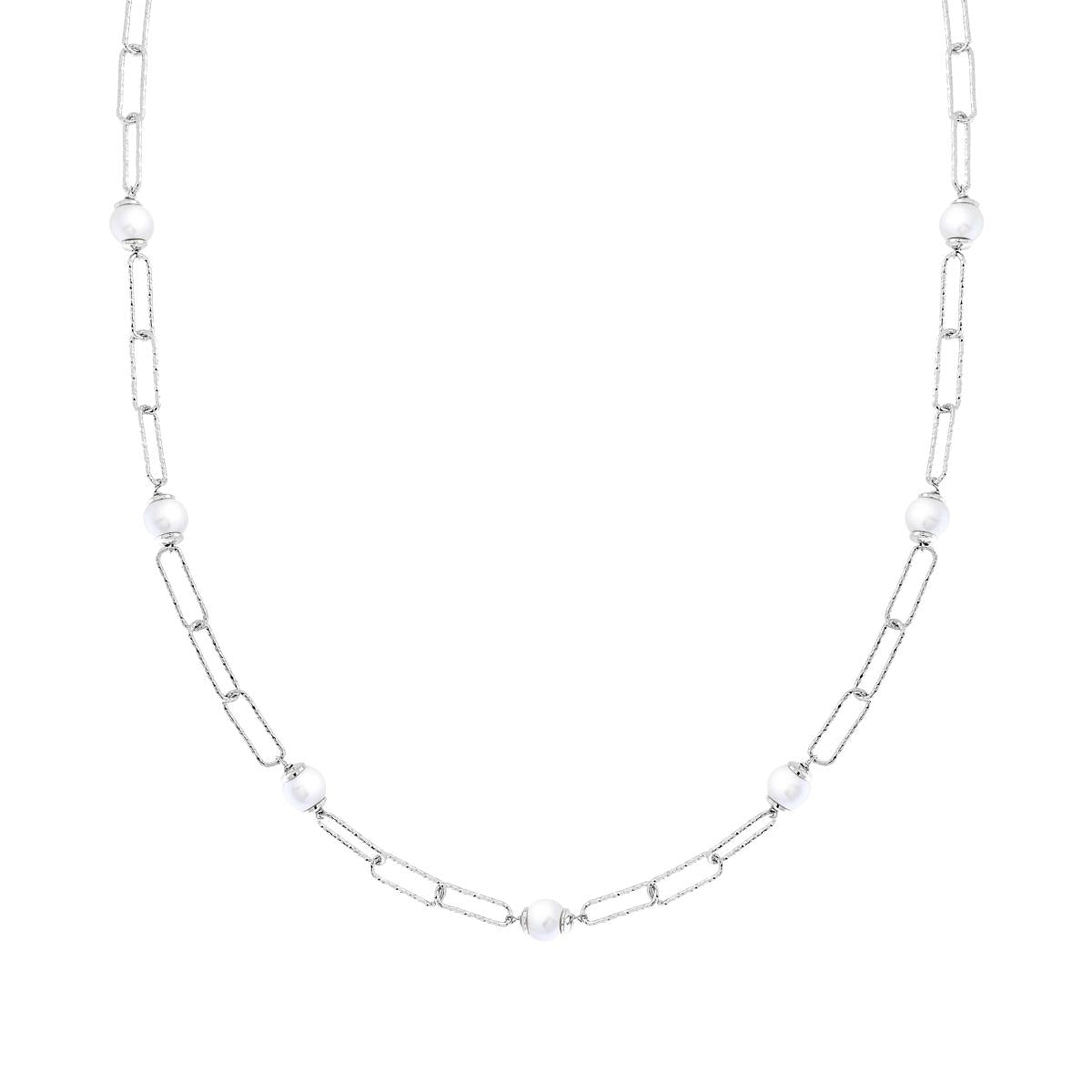 Collana Catena Grumetta allungata Diamantate con Perla vetro perlato in ARGENTO 925 Galvanica Rodio