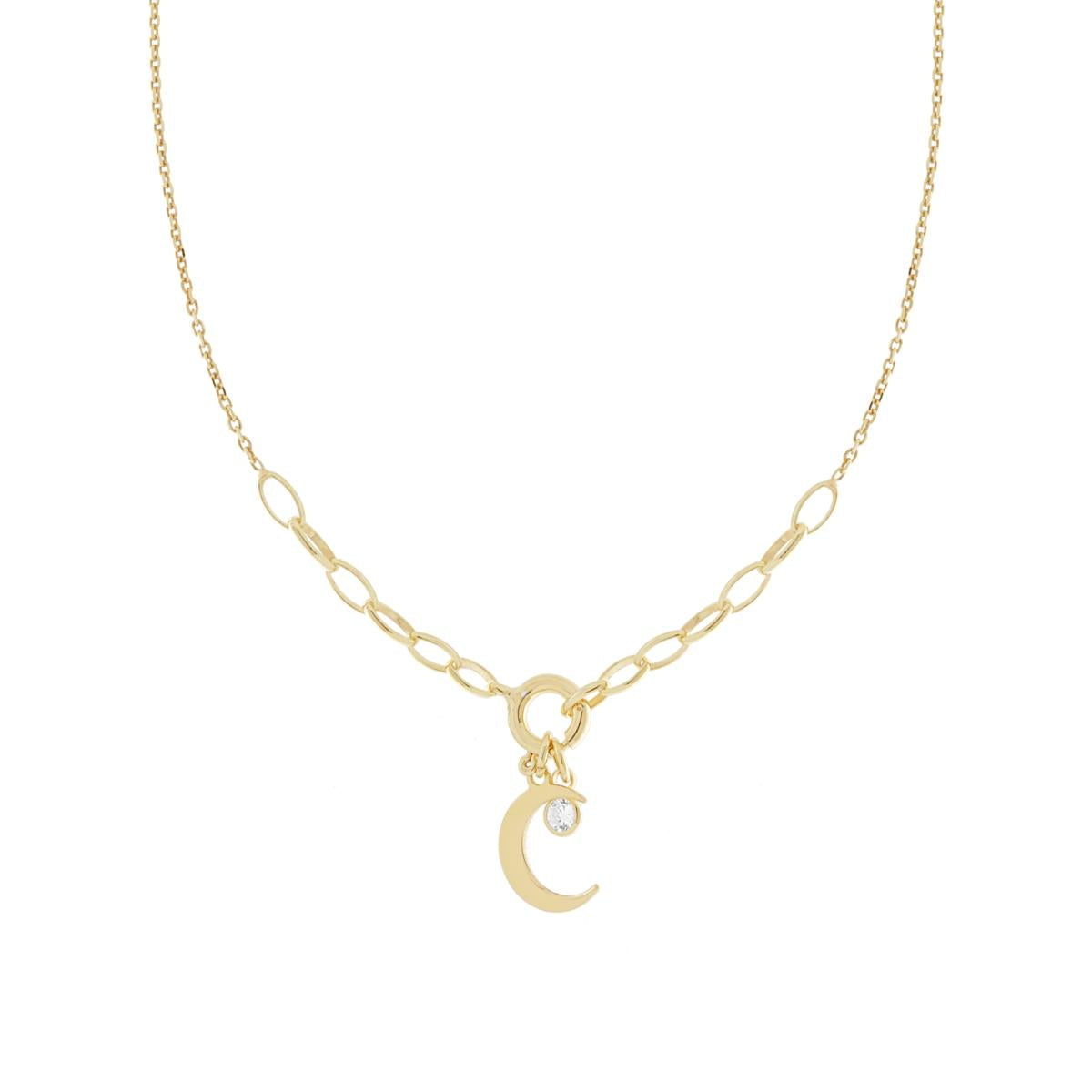 Collana Catena Forzatina ovale con Punto Luce Cubic Zirconia Bianco e Luna plain in ARGENTO 925 Galvanica Oro