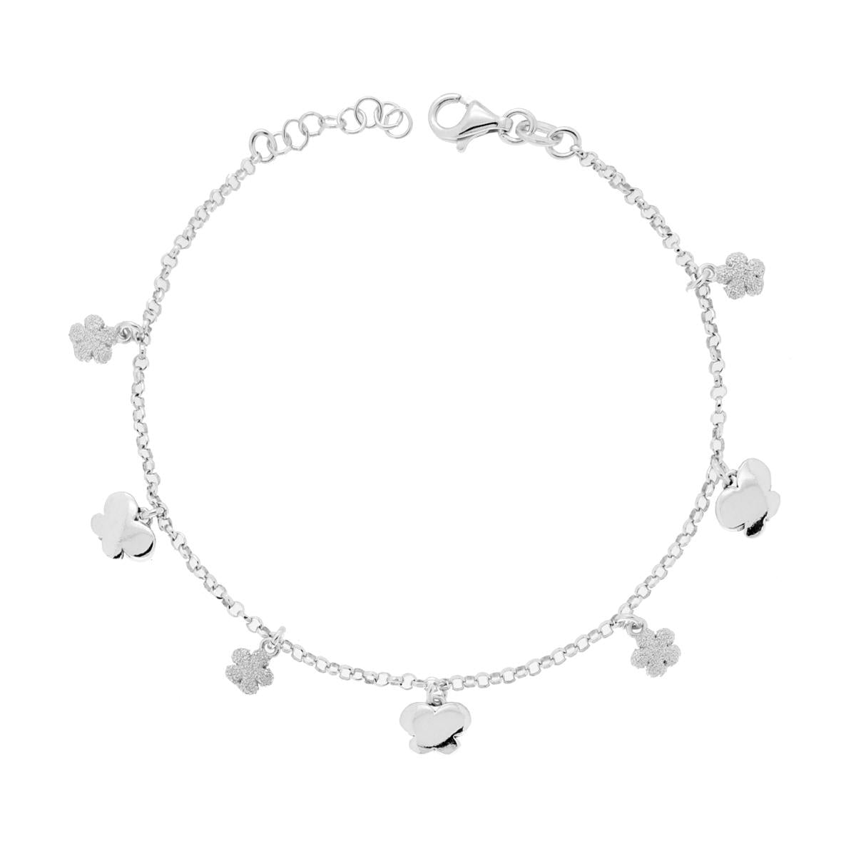 Bracciale Catena Rolo Diamantata con Farfalle e Fiori pendenti in ARGENTO 925 Galvanica Rodio