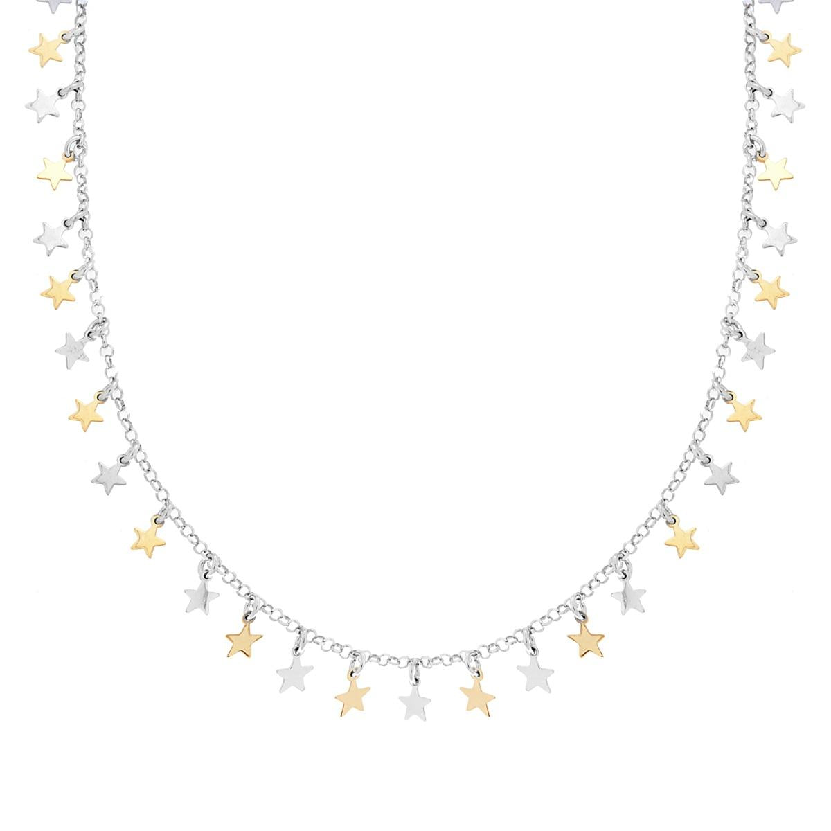 Collana Catena Rolo Diamantata con Stelle plain pendenti in ARGENTO 925 Galvanica Rodio e Oro