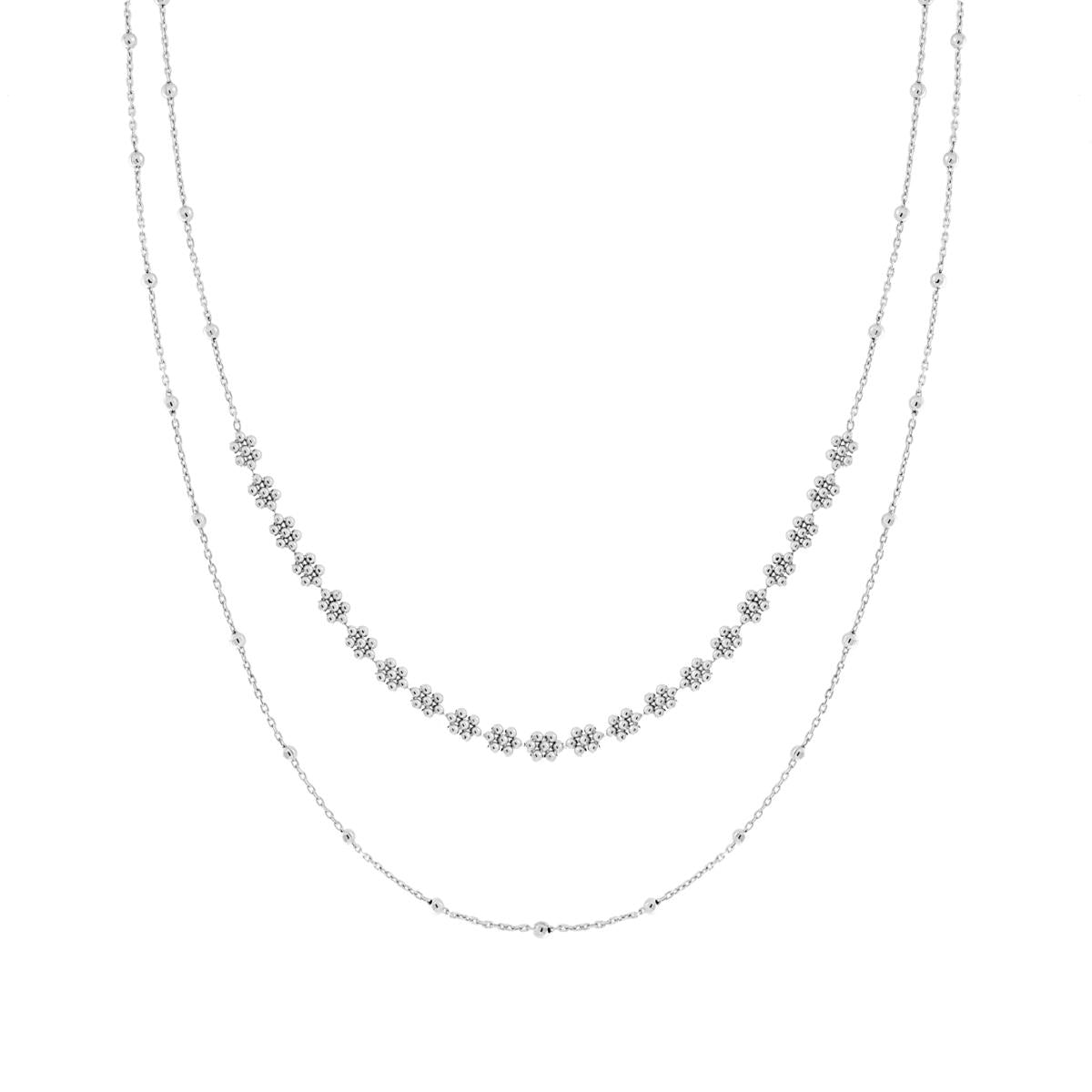 Collana due fili Catena Forzatina Diamantata e Palline lisce Fiori in ARGENTO 925 Galvanica Rodio