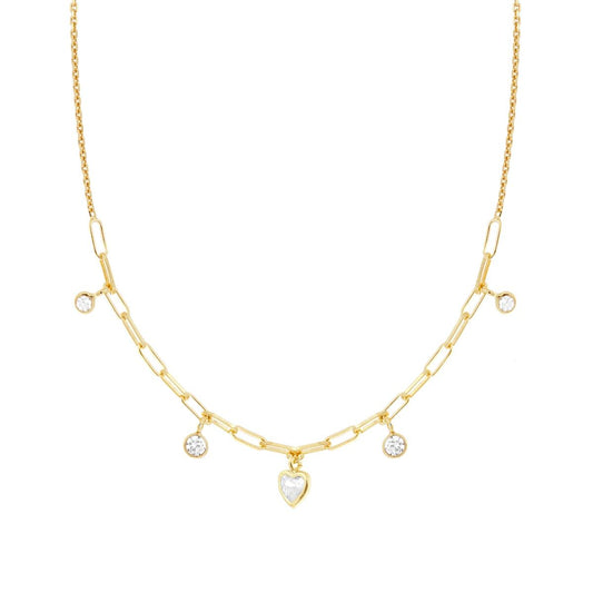 Collana Catena Rolo Diamantata con Cuore e Tondi Cubic Zirconia Bianchi pendenti in ARGENTO 925 Galvanica Oro